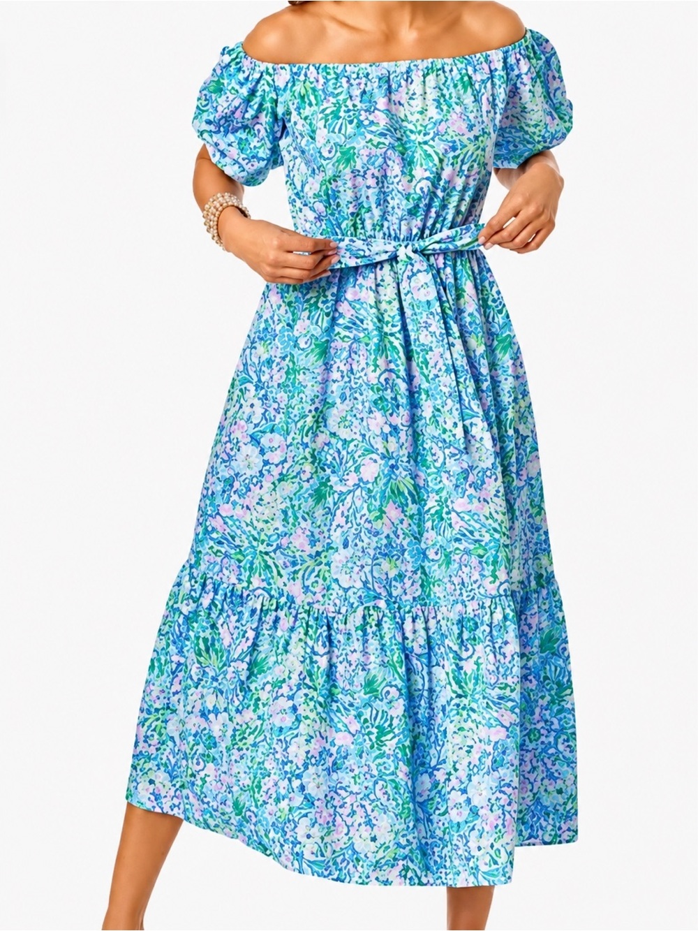 ✅ Lilly Pulitzer Tamie Off-the-Shoulder Dress Surf Blue Soleil It in me size S